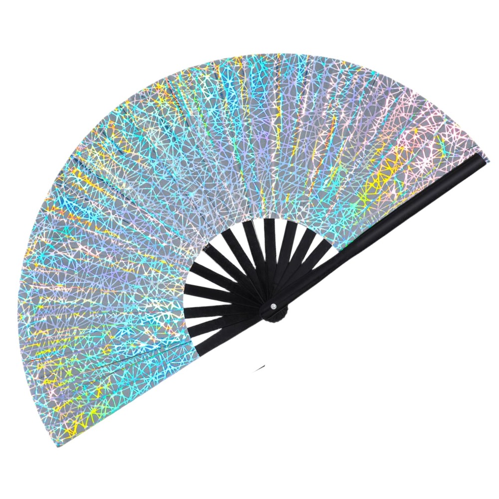 NWT FairySandy Large UV Glow Clack Rave Fan Silver Holographic Bamboo Festival